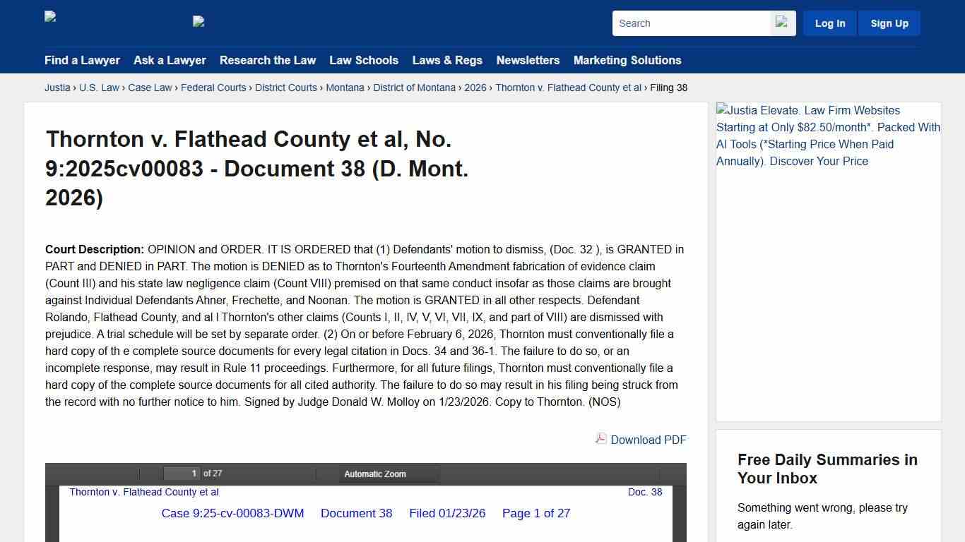 Thornton v. Flathead County et al, No. 9:2025cv00083 - Document 38 (D. Mont. 2026) :: Justia